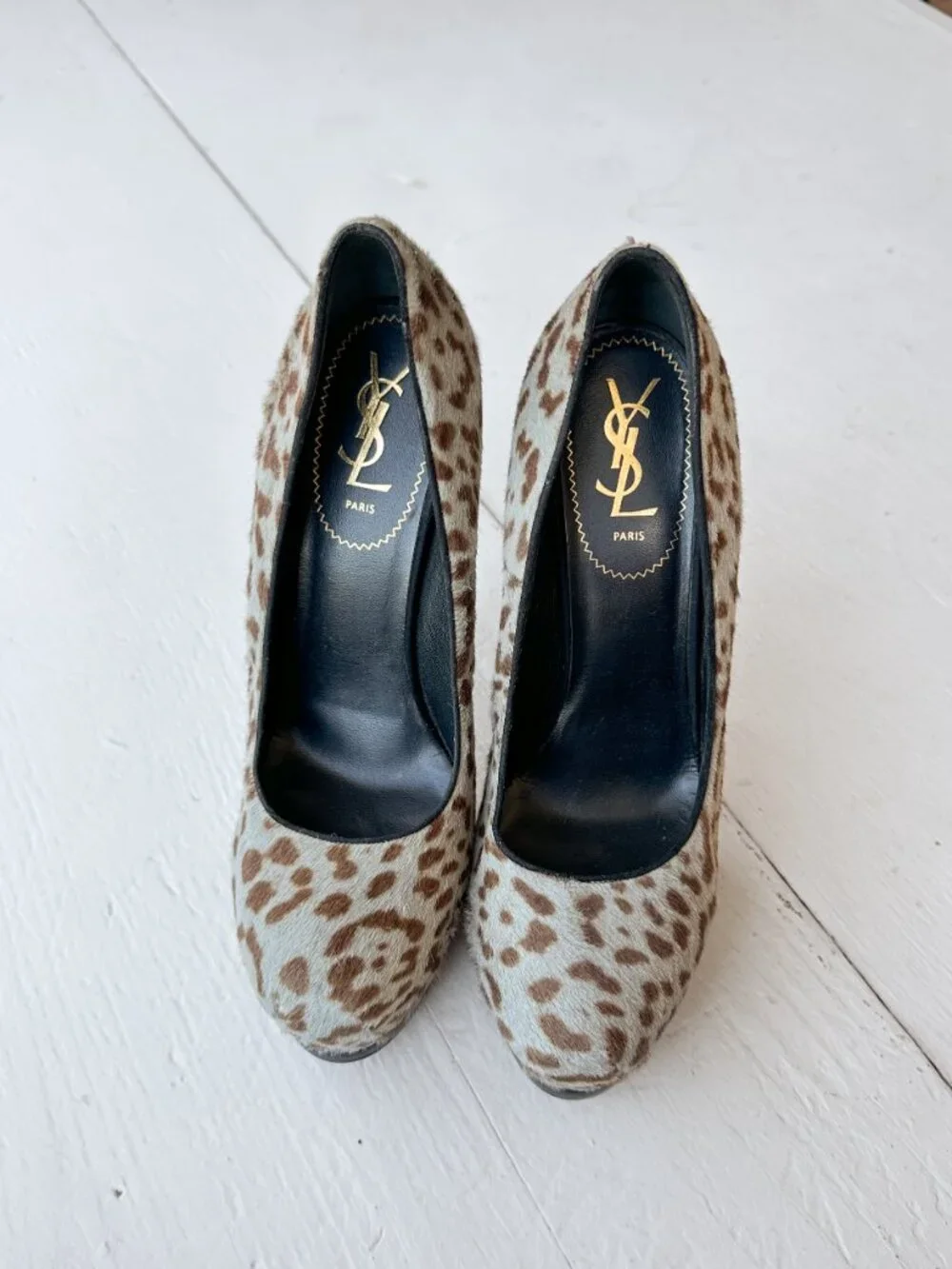 Yves Saint Laurent Tribtoo Leopard Pony Hair Heels - Size 40.5